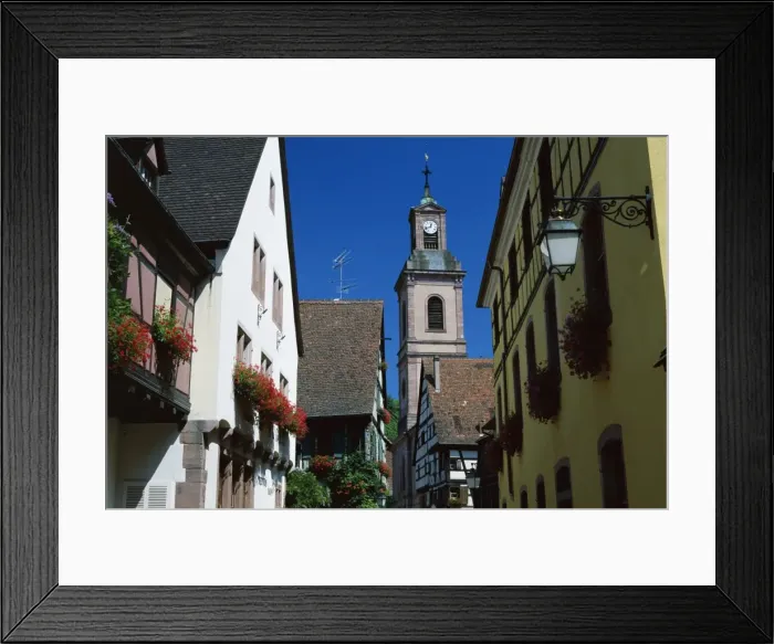 Framed Print : View to church tower and timbered houses, Riquewihr, Haute-Rhin, Alsace, France, Europe Framed Print : View to church tower and timbered houses, Riquewihr, Haute-Rhin, Alsace, France, Europe