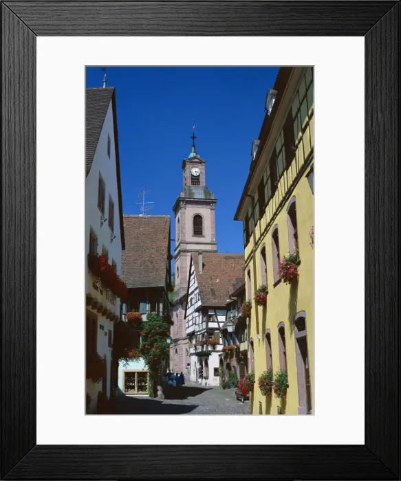 Framed Print : View to church tower and timbered houses, Riquewihr, Haute-Rhin, Alsace, France, Europe Framed Print : View to church tower and timbered houses, Riquewihr, Haute-Rhin, Alsace, France, Europe