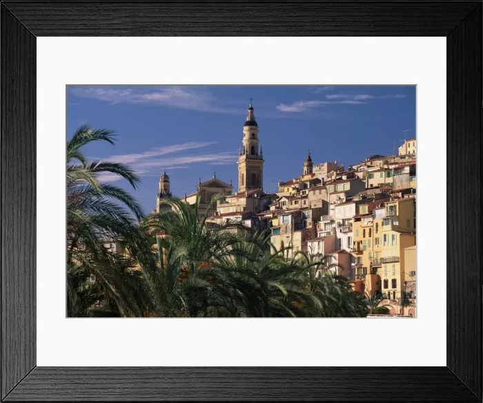 Framed Print : The Old Town, with palm trees in foreground, Menton, Alpes Maritimes, Cote d Azur Framed Print : The Old Town, with palm trees in foreground, Menton, Alpes Maritimes, Cote d Azur