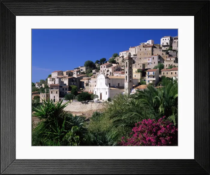 Framed Print : View of church and village on hillside, Lumio, near Calvi, Haute-Corse Framed Print : View of church and village on hillside, Lumio, near Calvi, Haute-Corse