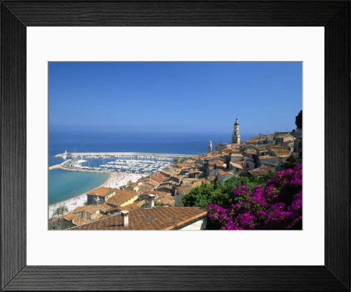 Framed Print : View across old town rooftops to harbour, Menton, Alpes-Maritimes, Cote d Azur Framed Print : View across old town rooftops to harbour, Menton, Alpes-Maritimes, Cote d Azur