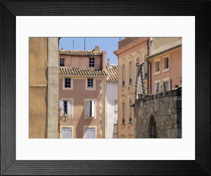 Framed Print : Pastel coloured facades in the Rue Droite, Narbonne, Aude, Languedoc-Roussillon Framed Print : Pastel coloured facades in the Rue Droite, Narbonne, Aude, Languedoc-Roussillon