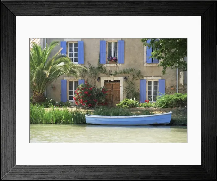 Framed Print : Boat moored alongside house on the bank of the Canal du Midi, Le Somail Framed Print : Boat moored alongside house on the bank of the Canal du Midi, Le Somail