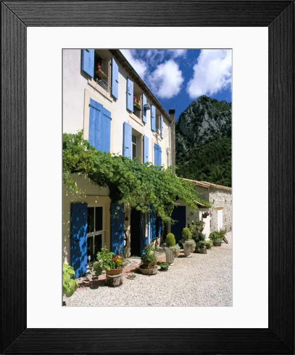 Framed Print : Village house with blue shutters, Lapradelle-Puilaurens, Aude, Languedoc-Roussillon Framed Print : Village house with blue shutters, Lapradelle-Puilaurens, Aude, Languedoc-Roussillon