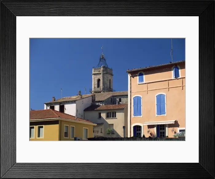 Framed Print : View from the Place du 14 Juillet to the tower of the Christian church of St Framed Print : View from the Place du 14 Juillet to the tower of the Christian church of St