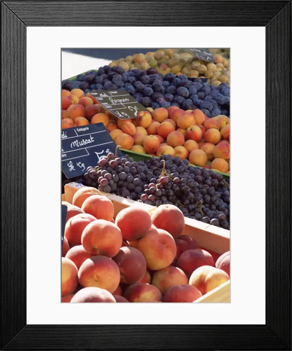 Framed Print : Fruit, peaches and grapes, for sale on market in the Rue Ste. Claire, Annecy