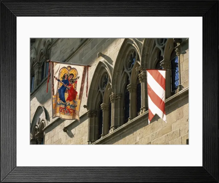 Framed Print : Colourful hangings outside the Maison du Grand Fauconnier, Cordes-sur-Ciel Framed Print : Colourful hangings outside the Maison du Grand Fauconnier, Cordes-sur-Ciel