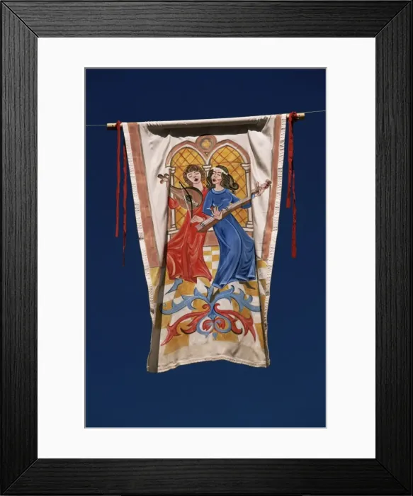 Framed Print : Colourful banner for the annual Fete du Grand Fauconnier, Cordes-sur-Ciel Framed Print : Colourful banner for the annual Fete du Grand Fauconnier, Cordes-sur-Ciel