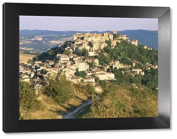 View to village from hillside path, Cordes-sur-Ciel, Tarn, Midi-Pyrenees, France, Europe