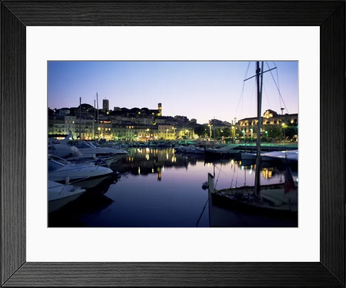 Framed Print : View across harbour to the old quarter of Le Suquet, at dusk, Cannes, Alpes-Maritimes Framed Print : View across harbour to the old quarter of Le Suquet, at dusk, Cannes, Alpes-Maritimes