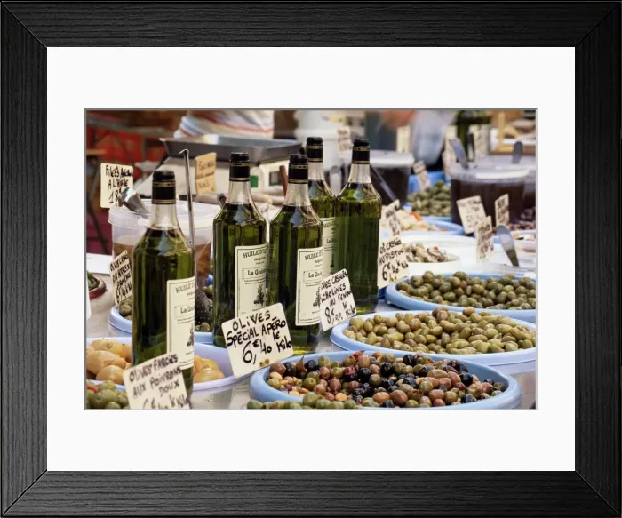 Framed Print : Olives and olive oil on sale at a market, Cassis, Bouches-de-Rhone, Provence-Alpes-Cote-d Azur Framed Print : Olives and olive oil on sale at a market, Cassis, Bouches-de-Rhone, Provence-Alpes-Cote-d Azur