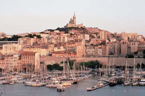 View across the Vieux Port to Basilica of Notre Dame de la Garde, Marseille