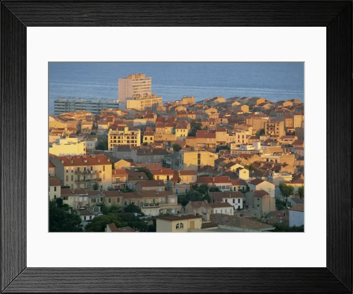 Framed Print : Dense housing seen from Basilica of Notre Dame de la Garde at sunrise, Marseille Framed Print : Dense housing seen from Basilica of Notre Dame de la Garde at sunrise, Marseille