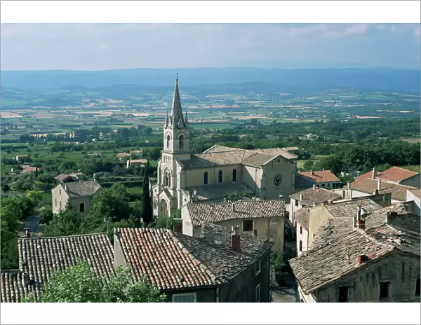 View over village and church to Luberon countryside, Bonnieux, Vaucluse