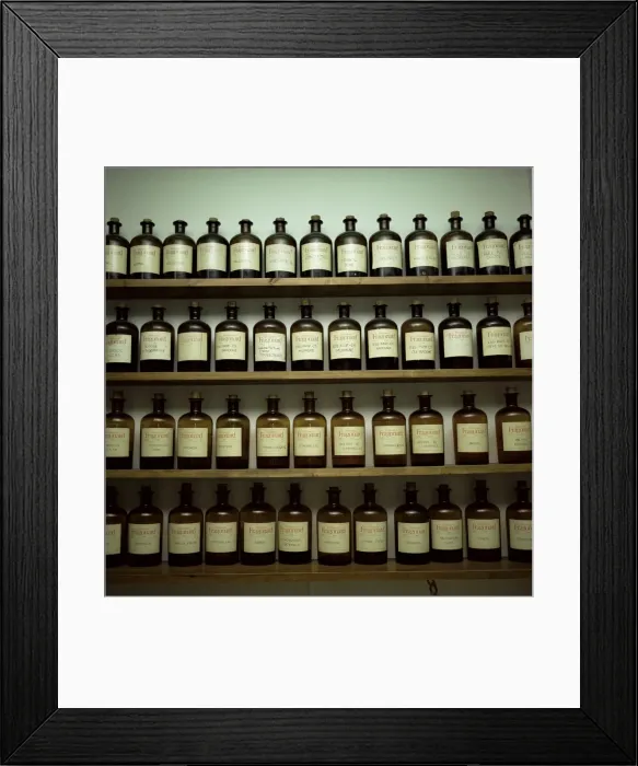 Framed Print : Shelves of old essence bottles, Parfumerie Fragonard, Grasse, Alpes Maritimes Framed Print : Shelves of old essence bottles, Parfumerie Fragonard, Grasse, Alpes Maritimes