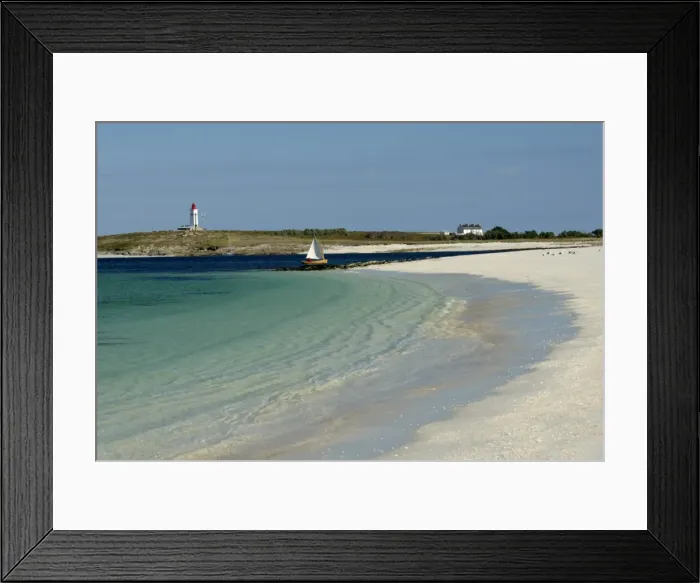 Framed Print : Beach and lighthouse, Islands of Glenan, Brittany, France, Europe Framed Print : Beach and lighthouse, Islands of Glenan, Brittany, France, Europe