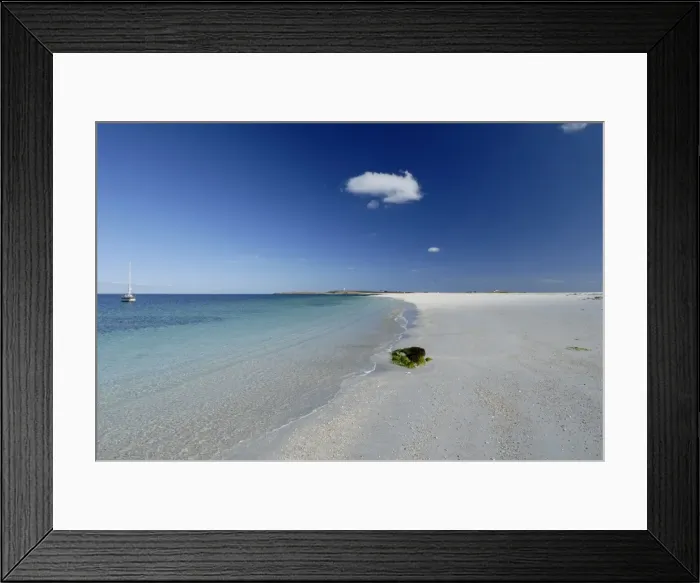 Framed Print : Beach and lighthouse, Islands of Glenan, Brittany, France, Europe Framed Print : Beach and lighthouse, Islands of Glenan, Brittany, France, Europe