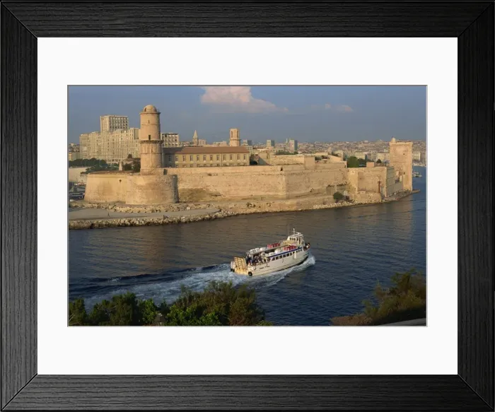 Framed Print : Ferry passing the old fortress, entering Marseille harbour, Bouches du Rhone Framed Print : Ferry passing the old fortress, entering Marseille harbour, Bouches du Rhone