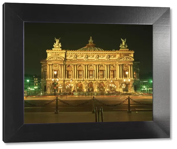 Facade of L Opera de Paris, illuminated at night, Paris, France, Europe