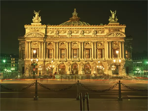 Facade of L Opera de Paris, illuminated at night, Paris, France, Europe