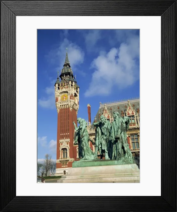Framed Print : Monument to the burghers of Calais by Rodin, and the Hotel de Ville in Calais Framed Print : Monument to the burghers of Calais by Rodin, and the Hotel de Ville in Calais