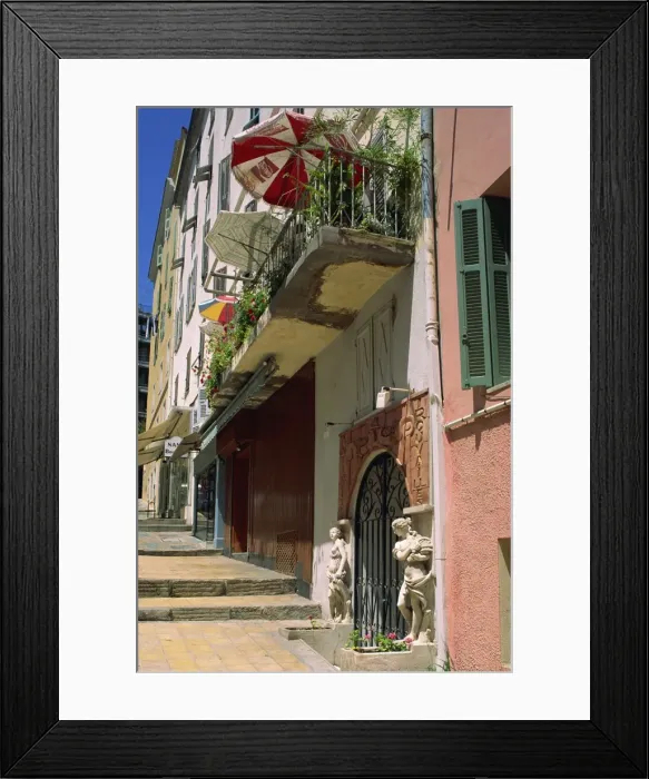 Framed Print : Balcony and house entrance in the ancient town, Ajaccio, island of Corsica