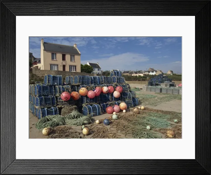 Framed Print : Nets stacked up at harbour side, village on coast, Molene Island, Bretagne (Brittany) Framed Print : Nets stacked up at harbour side, village on coast, Molene Island, Bretagne (Brittany)