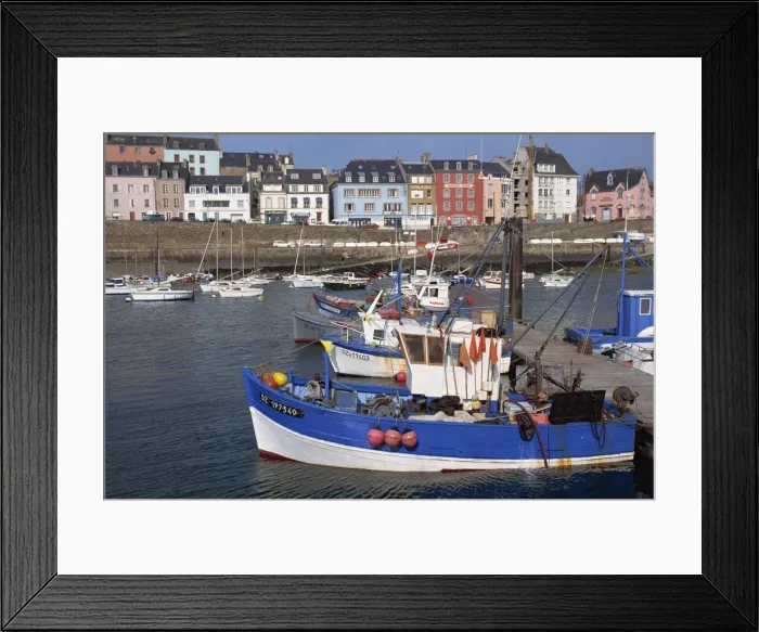 Framed Print : Fishing boats in harbour and houses on waterfront beyond, Rosmeur, Douarnenez Framed Print : Fishing boats in harbour and houses on waterfront beyond, Rosmeur, Douarnenez