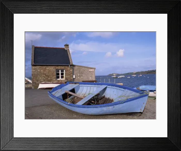 Framed Print : Blue boat on shore with the harbour of Le Fret behind, Brittany, France, Europe Framed Print : Blue boat on shore with the harbour of Le Fret behind, Brittany, France, Europe