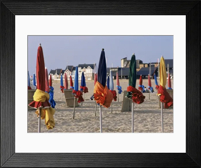 Framed Print : Beach and rolled up umbrellas, Deauville, Basse Normandie (Normandy), France, Europe Framed Print : Beach and rolled up umbrellas, Deauville, Basse Normandie (Normandy), France, Europe