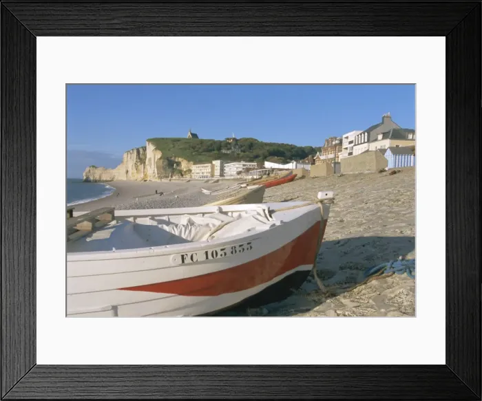 Framed Print : Boats on beach and Falaise d Amont, Etretat, Cote d Albatre (Alabaster Coast) Framed Print : Boats on beach and Falaise d Amont, Etretat, Cote d Albatre (Alabaster Coast)