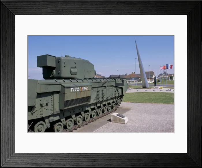 Framed Print : Churchill tank and monument 41 degrees RMC from D-Day in the Second World War Framed Print : Churchill tank and monument 41 degrees RMC from D-Day in the Second World War