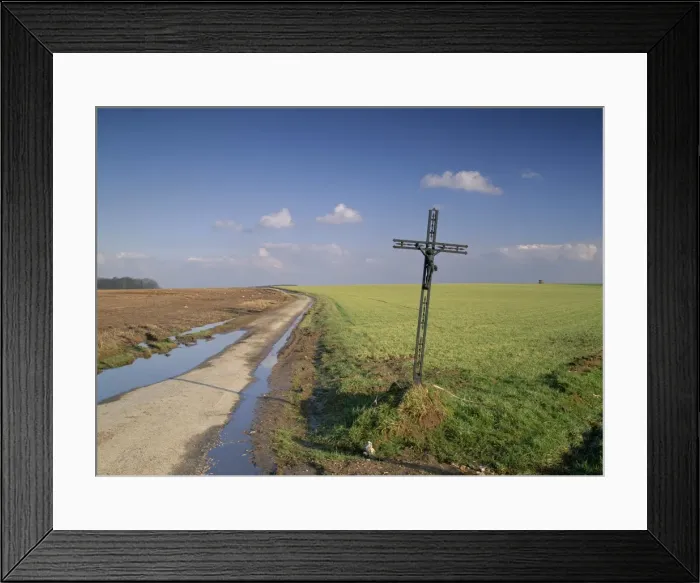 Framed Print : Christian calvary beside muddy track and fields in landscape near Agincourt Framed Print : Christian calvary beside muddy track and fields in landscape near Agincourt