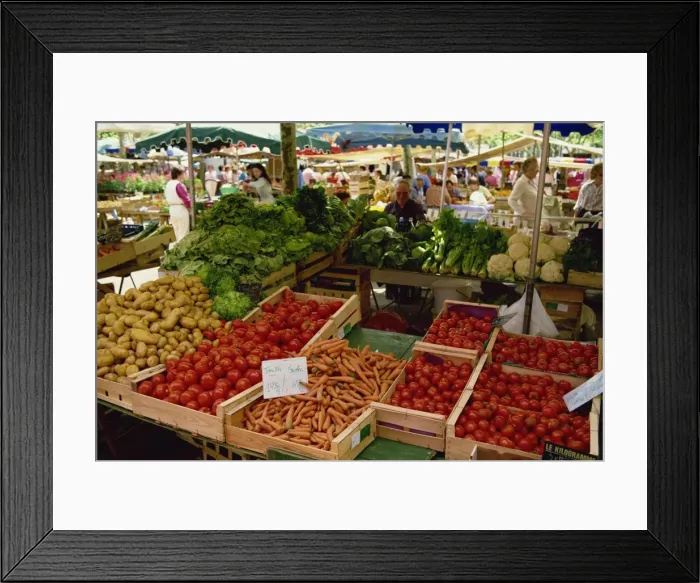 Framed Print : Vegetables including carrots, tomatoes and lettuce, for sale on market day at Euze Framed Print : Vegetables including carrots, tomatoes and lettuce, for sale on market day at Euze
