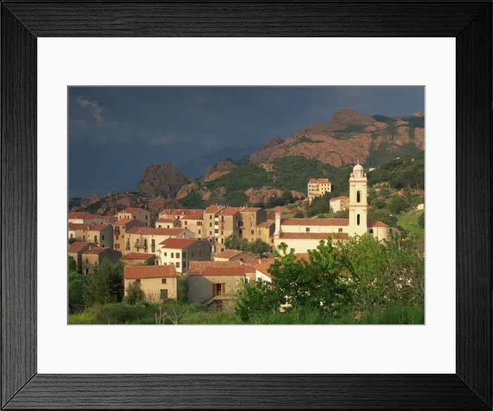 Framed Print : Aerial view over the village of Piana in the mountains, island of Corsica Framed Print : Aerial view over the village of Piana in the mountains, island of Corsica