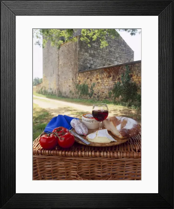 Framed Print : Picnic lunch of bread, cheese, tomatoes and red wine on a hamper in the Dordogne Framed Print : Picnic lunch of bread, cheese, tomatoes and red wine on a hamper in the Dordogne