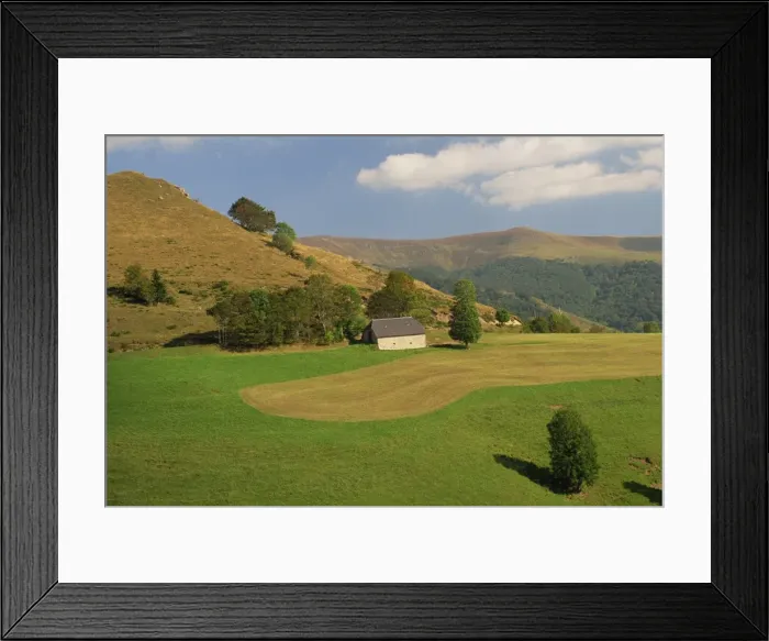 Framed Print : Tranquil scene in agricultural landscape of farmland and hills near Salers Framed Print : Tranquil scene in agricultural landscape of farmland and hills near Salers