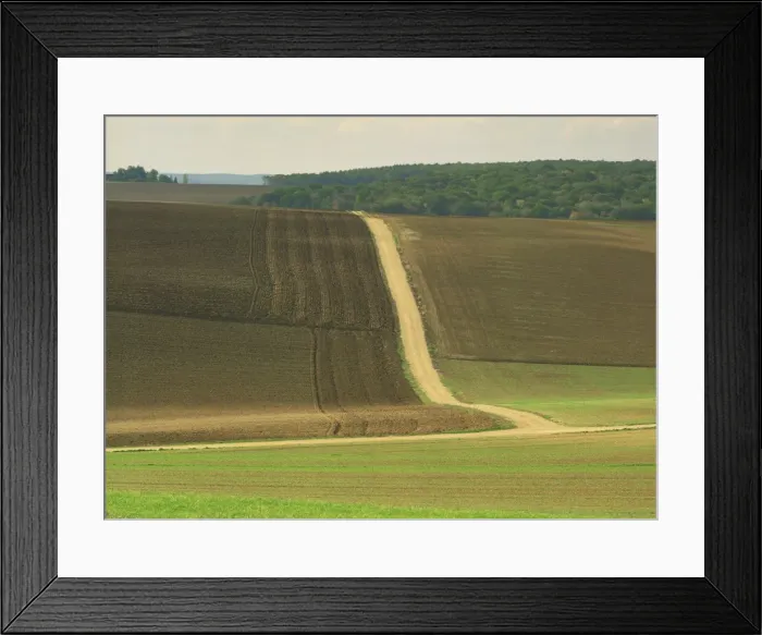 Framed Print : Landscape of ploughed fields and track through farmland near Chablis in Burgundy Framed Print : Landscape of ploughed fields and track through farmland near Chablis in Burgundy
