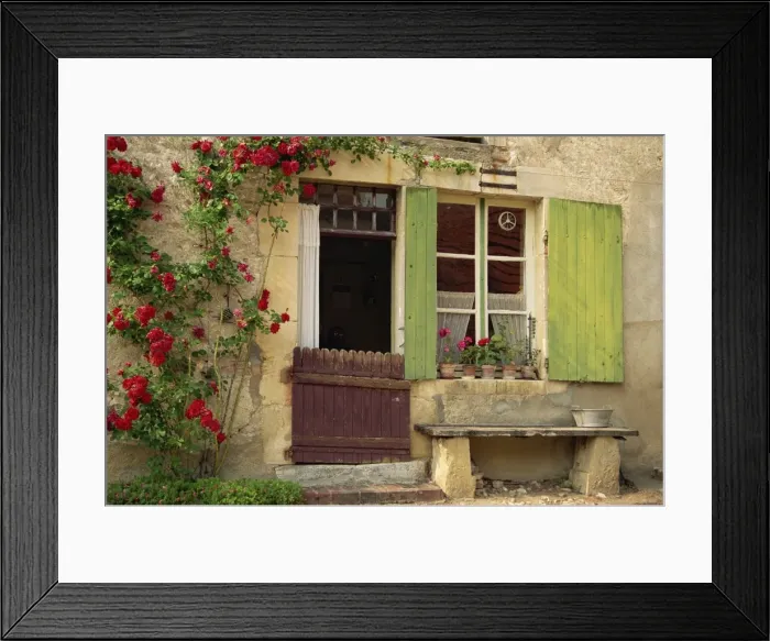 Framed Print : Close-up of the exterior of a house with green shutters, pot plants and red roses beside the door Framed Print : Close-up of the exterior of a house with green shutters, pot plants and red roses beside the door