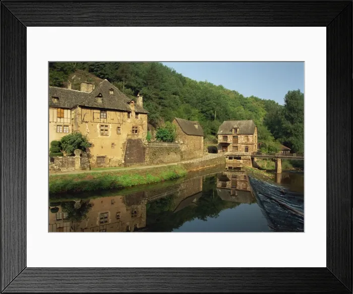 Framed Print : Tranquil scene of reflections in water of a millhouse near Conques, Aveyron Framed Print : Tranquil scene of reflections in water of a millhouse near Conques, Aveyron