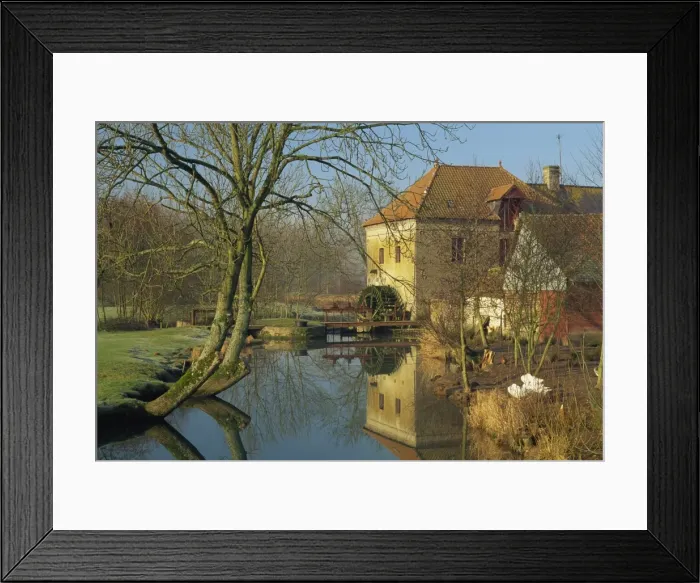 Framed Print : Tranquil scene of watermill reflected in still water, near Montreuil in the Crequois Valley Framed Print : Tranquil scene of watermill reflected in still water, near Montreuil in the Crequois Valley