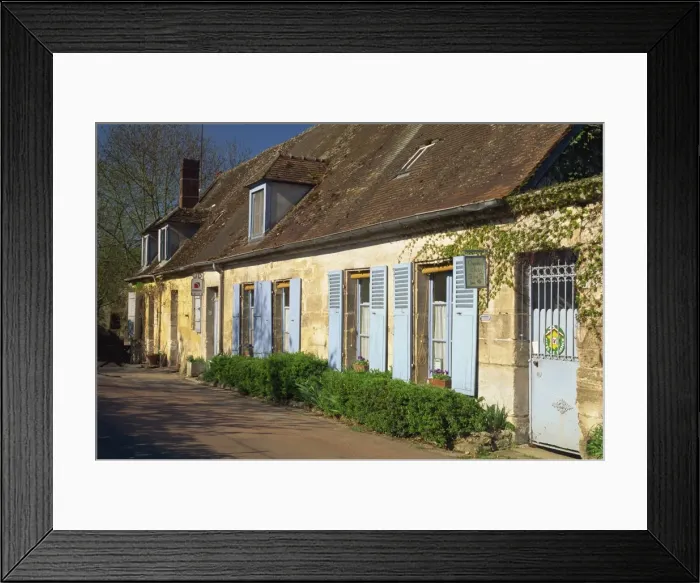Framed Print : Exterior of a row of houses with pale blue doors and shutters, Aisne, St Framed Print : Exterior of a row of houses with pale blue doors and shutters, Aisne, St