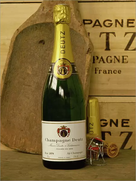 Close-up of a single bottle of Deutz champagne from Ay-en-Champagne, Ardennes
