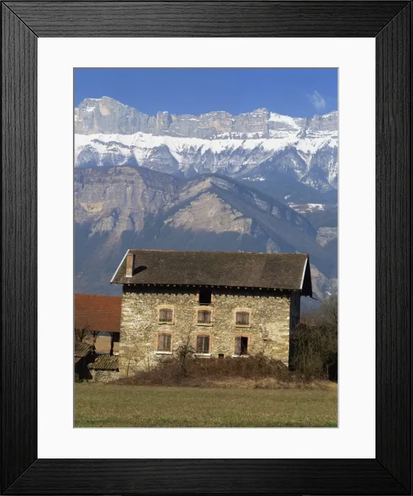 Framed Print : Exterior of a stone farm house and mountains near Chambery, with Mont Granier behind Framed Print : Exterior of a stone farm house and mountains near Chambery, with Mont Granier behind