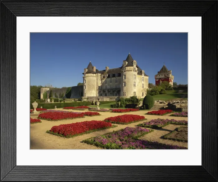 Framed Print : Exterior of Chateau Rochecourbon and colourful flowerbeds in formal gardens Framed Print : Exterior of Chateau Rochecourbon and colourful flowerbeds in formal gardens