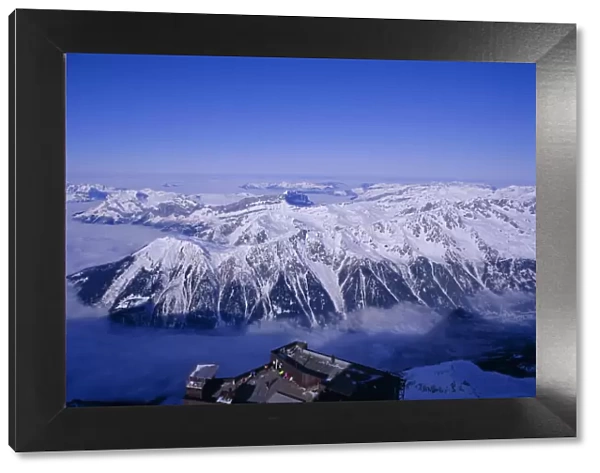 View of the Grand Massif and ski resort of Flaine, Aguile du Midi, Chamonix
