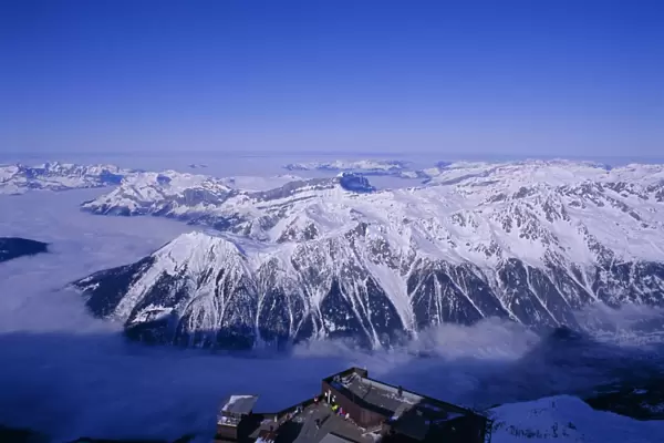 View of the Grand Massif and ski resort of Flaine, Aguile du Midi, Chamonix