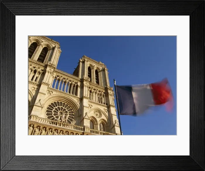 Framed Print : French flag and Notre Dame de Paris, Christian cathedral, Ile de la Cite Framed Print : French flag and Notre Dame de Paris, Christian cathedral, Ile de la Cite