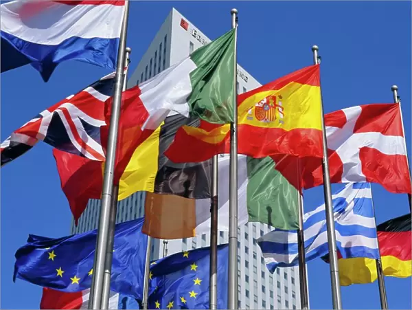 Some of the flags of the European Union, La Defense, Paris, France, Europe