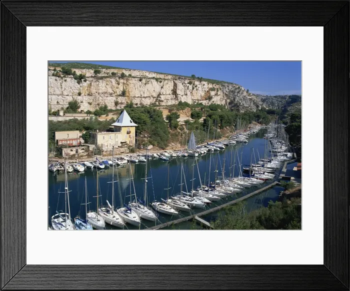 Framed Print : High angle view over boats moored in harbour, Port Miou, Calanques de Cassis Framed Print : High angle view over boats moored in harbour, Port Miou, Calanques de Cassis
